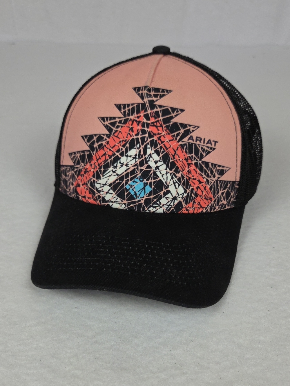 Ariat Women's Coral Pink and Black Geometric Trucker Cap Mesh Hat